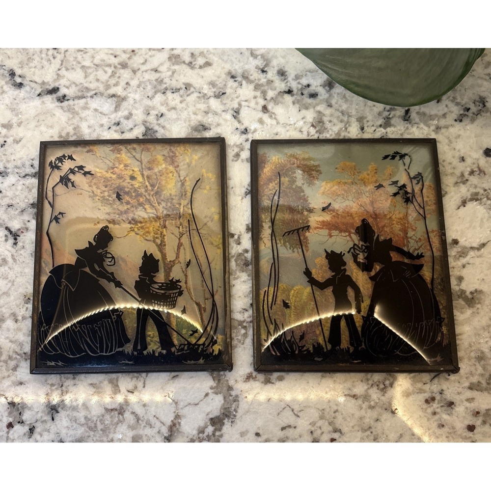 2 Vintage Convex Glass Reverse Painted Wall Art Victorian Lady Child Garden 4x5